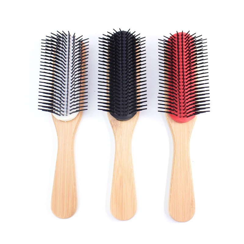 Professional Eco-friendly Natural Bamboo Handle Private Label 9 Rows Curly Hair Brush Detachable Denman Brush