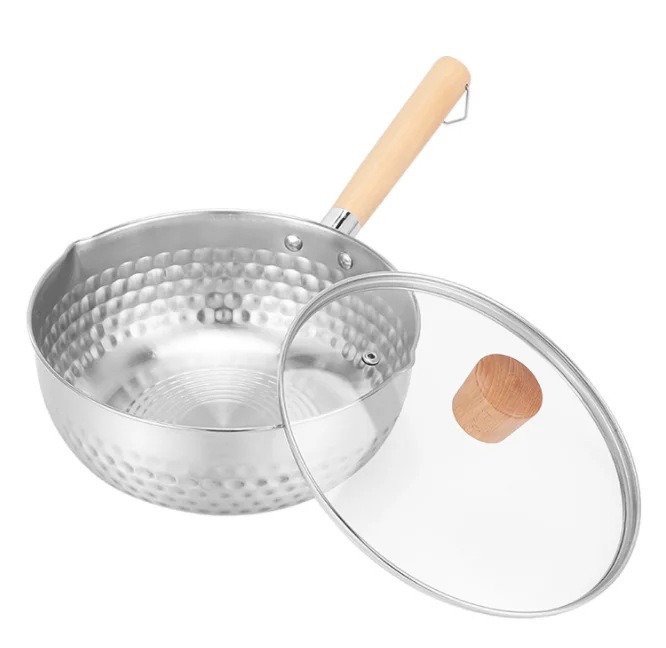 
XINCHU Japanese style 304 stainless steel snow pan kitchen cooking pot round sauce pan with wooden handle and lid 