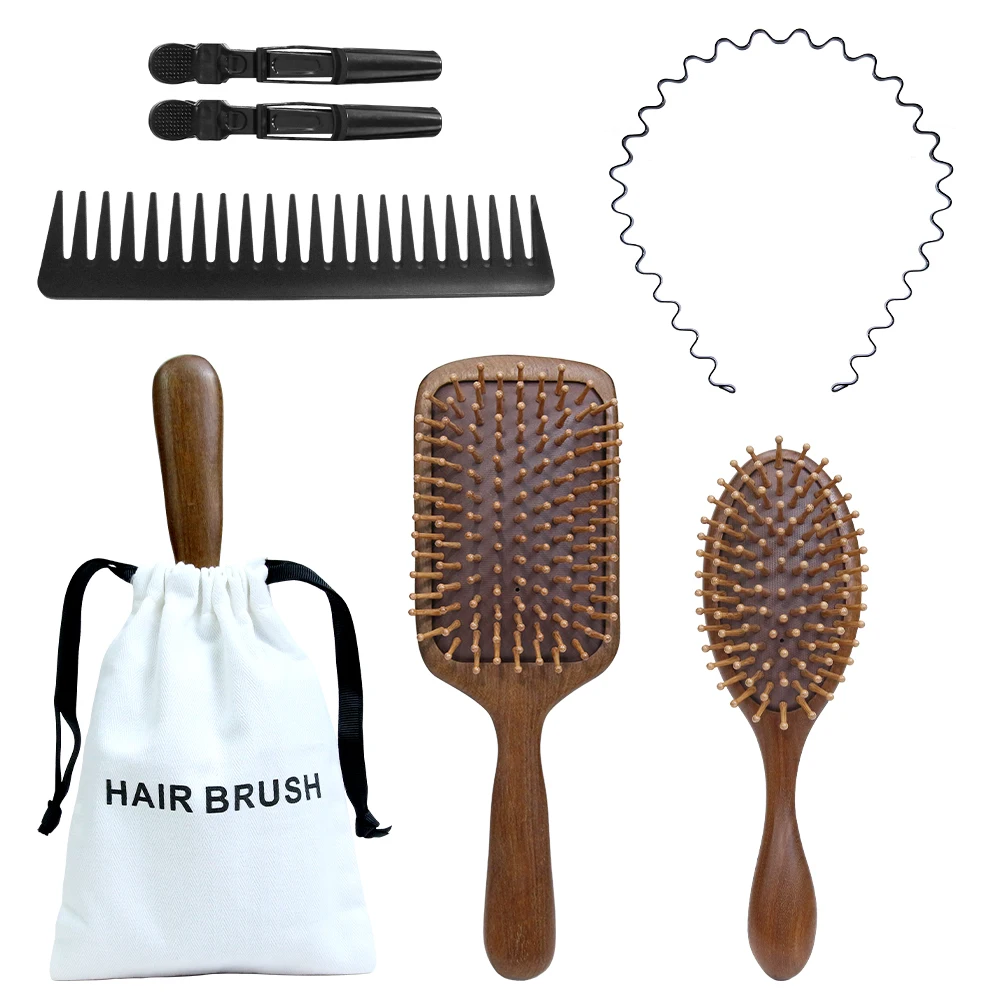 6pcs set- Rectangle/Ellipse wooden detangling ait bag massage hair brushes set-gift set, wide tooth combs/hair clips/head band