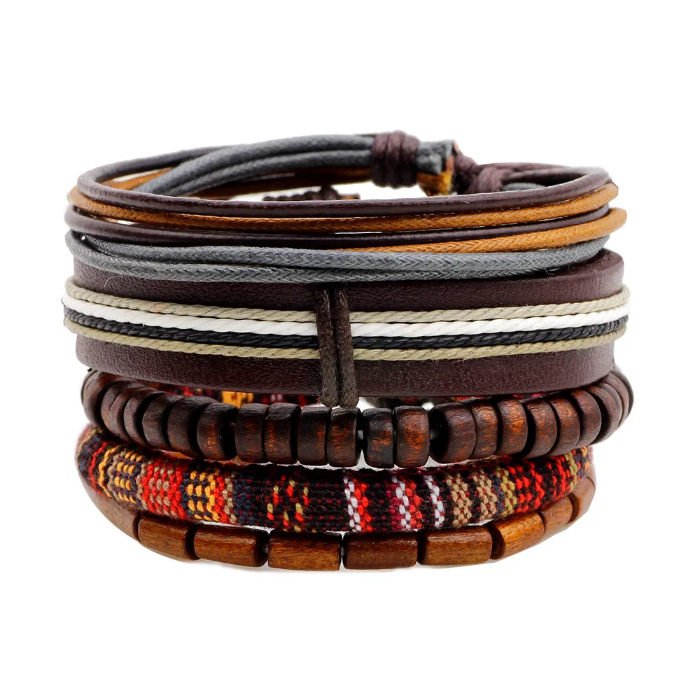 Wrap Bracelets Men Women Hemp Cords Wood Beads Ethnic Tribal Bracelets 4pcs set Fashion Multilayer Charm Brown Leather Bracelet