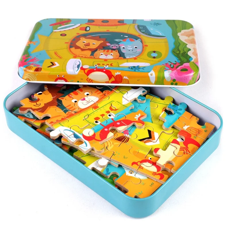 120 Pcs Iron Box Kids Wooden Puzzle Children's Educational Cartoon Christmas Unisex Jigsaw Puzzle Wooden Animals Toys Kids