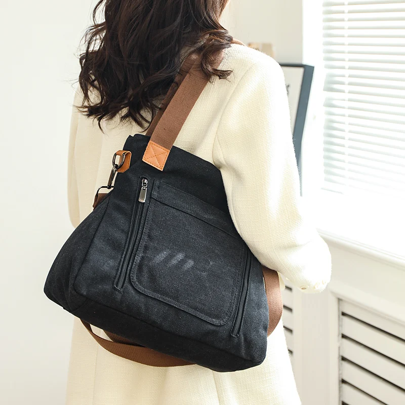 Women Canvas Multi-function Shoulder Bag Female Solid Color Travel Tote Simplicity Large-capacity Outside Crossbody Bag