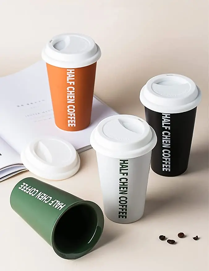 Portable ceramic sublimation coffee mug with silicone sleeve and lid