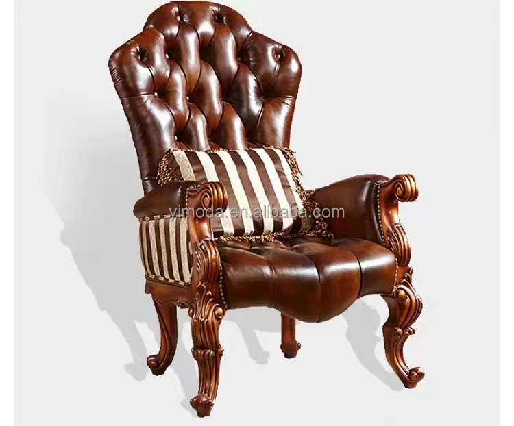 American Vintage Wooden Antique Upholstered Luxury chesterfield brown leather Accent Carved Chairs