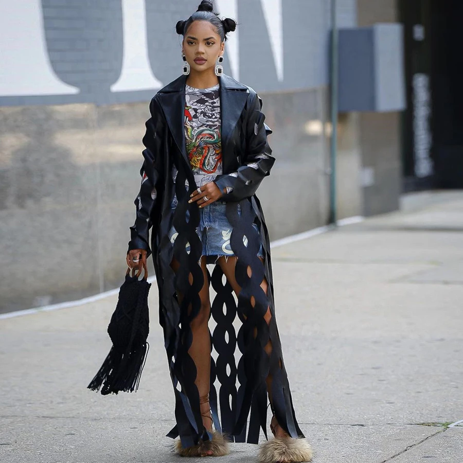 Kliou K23C36238 Full Sleeve Lapel Tassel Long Solid All-Matched Coats Women Autumn Leather Hollow Out Jackets