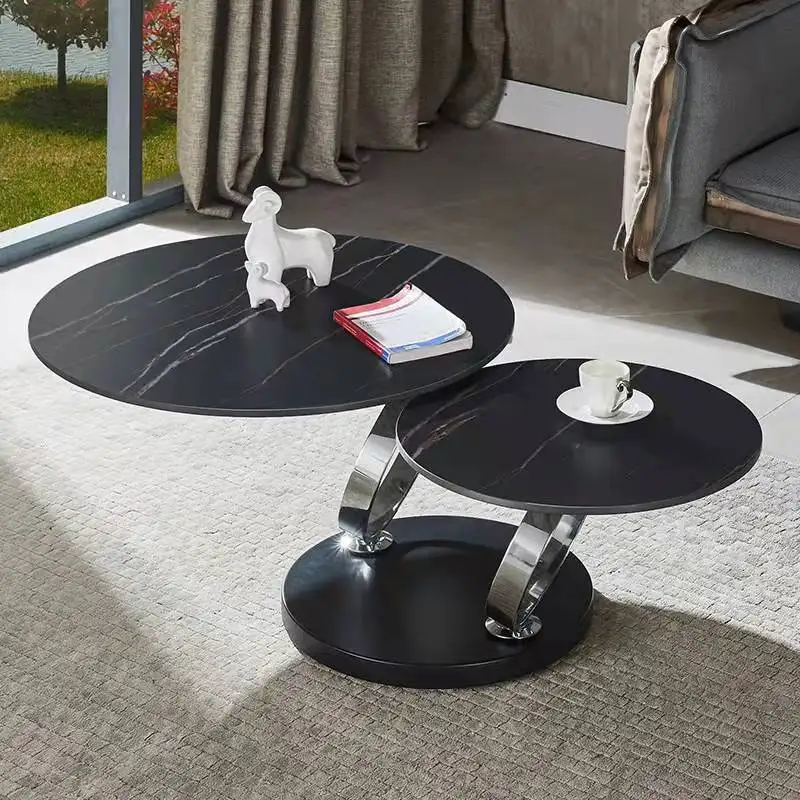 Foshan Furniture Living Room Metal Table Basse 2 Round Marble Centre Table Rotatable Gold Silver Black Steel Frame Coffee Tables