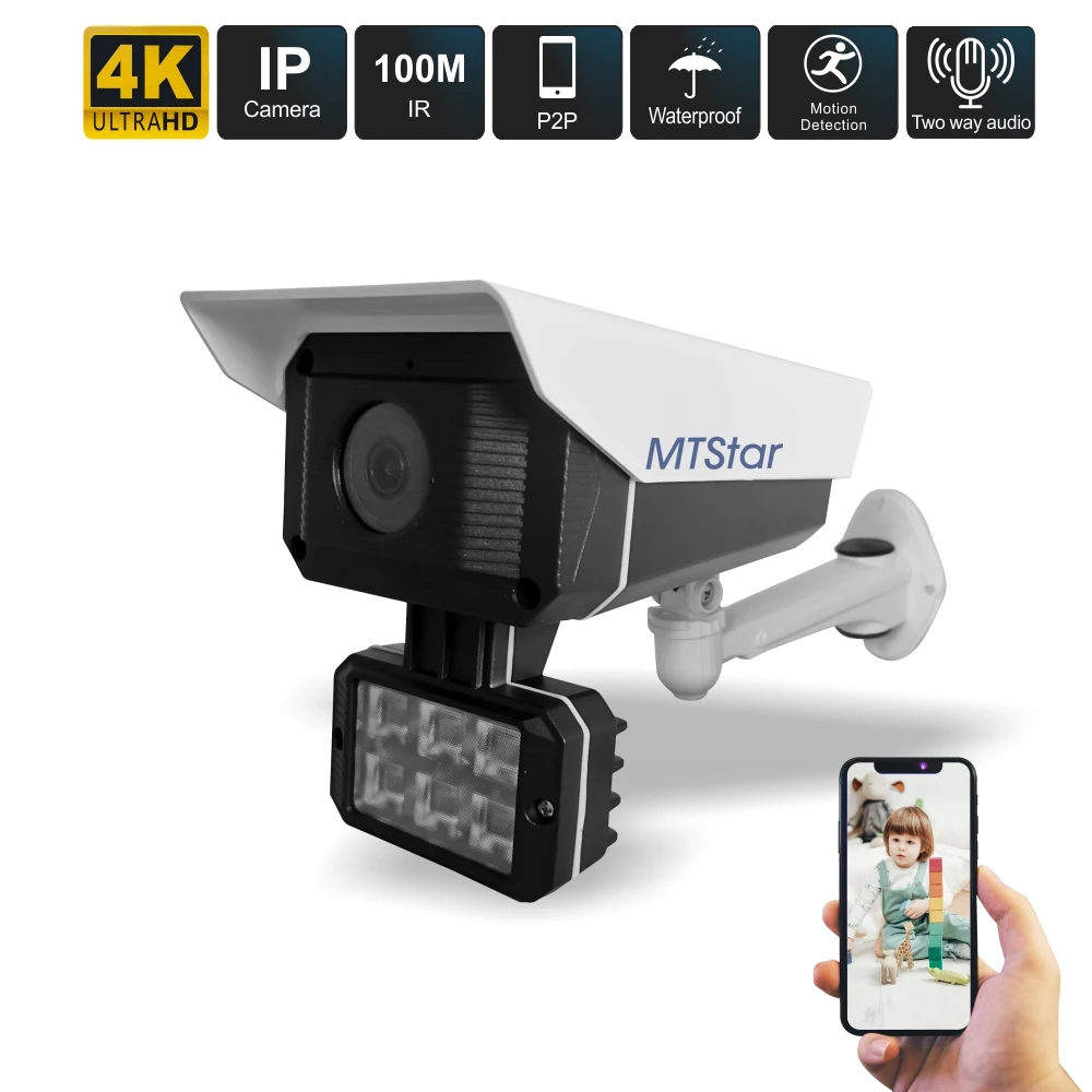 8MP HD Outdoor Bullet Camera with Bracket IP P2P  Camera 6pcs Array Warm Light + Infrared 2 in 1 LED Network Camera