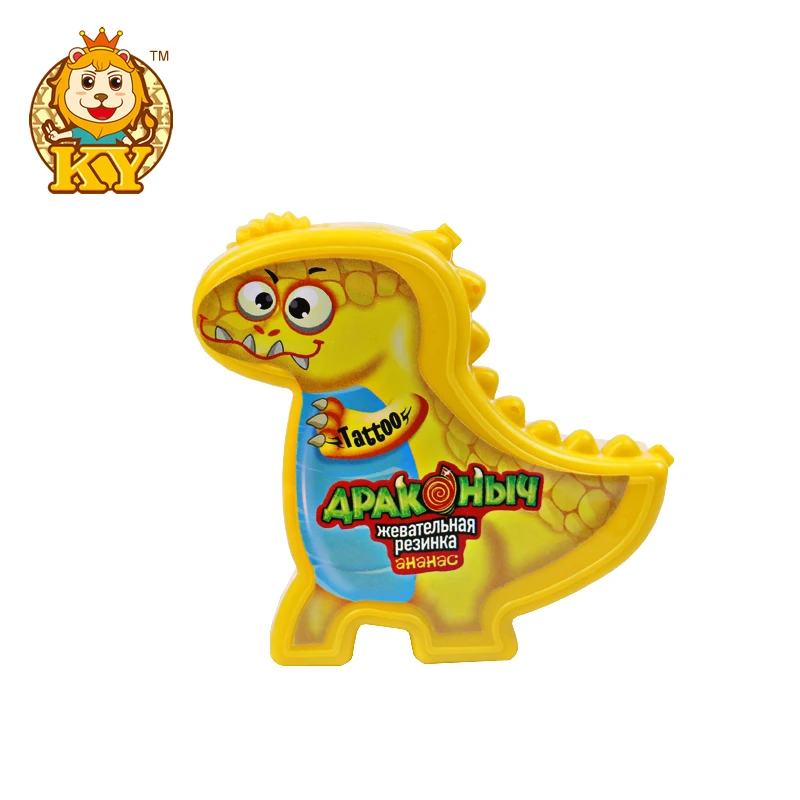Wholesale custom OEM plastic dinosaurs shaped fruity flavor bubble gum chewing candy with tattoo