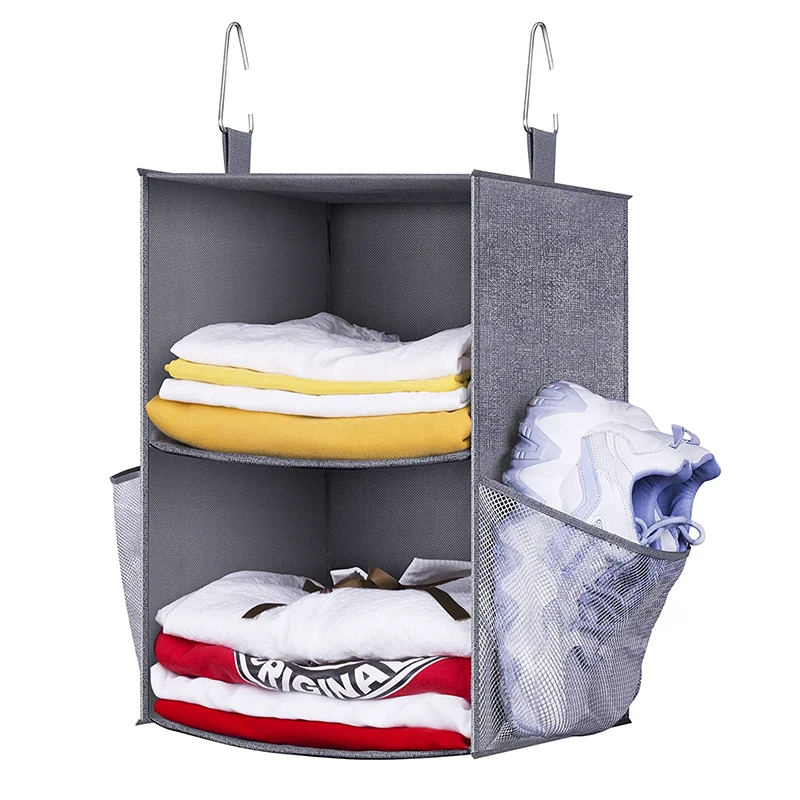 2 Layers Folding Closet Hanging Storage Shelves for Closet 2-Shelf Small Hanging Closet Organizers with 2 Large Mesh Pockets