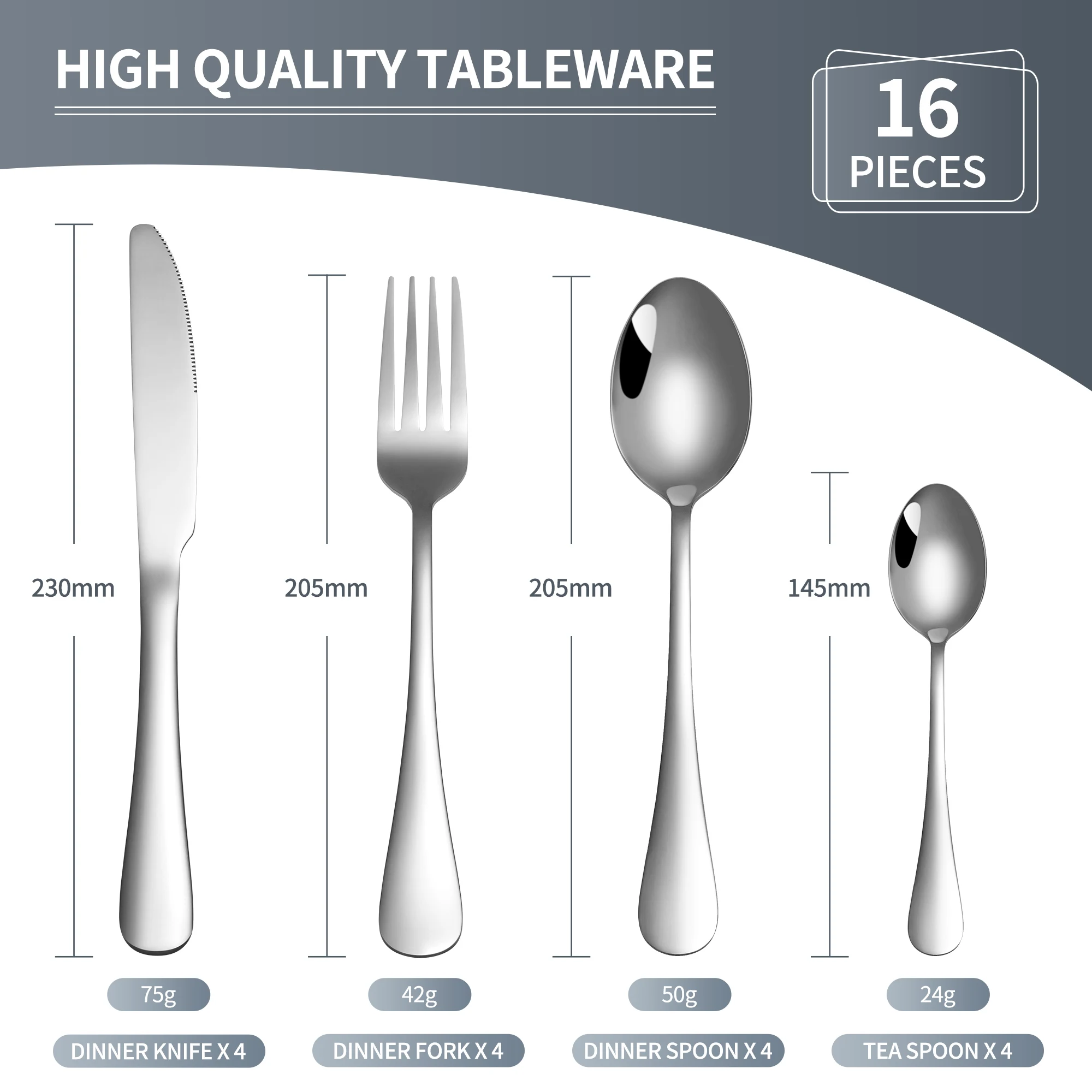 16/24 PCS Hot Sale Silver Knife Fork Spoon Metal Silverware Stainless Steel Cutlery Mirror Polish Flatware Set For Restaurant
