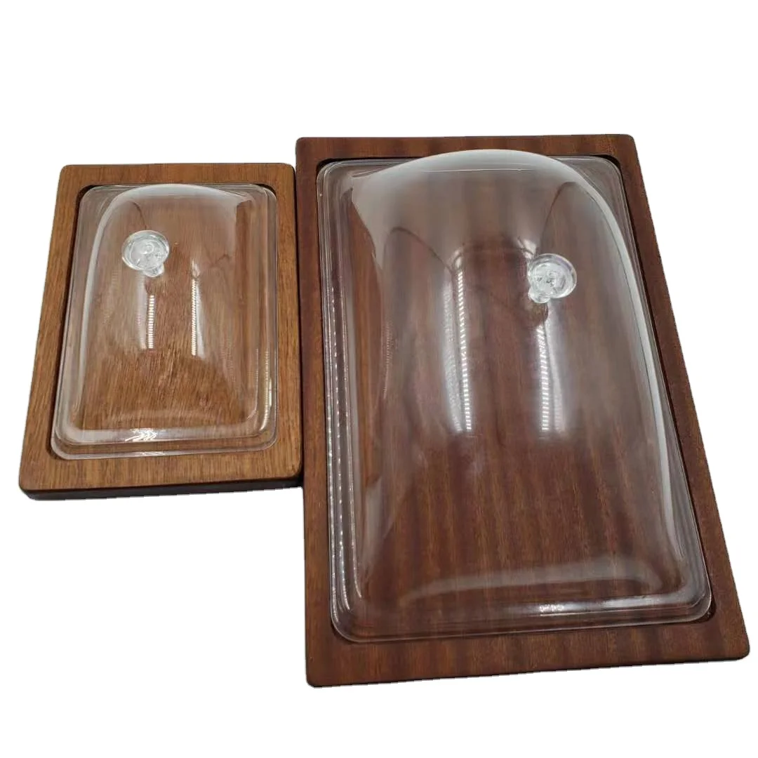 Small Rectangle Sapele Wood Cake Stand with Plastic Lid Two-sided Usable Plate Serving Creative Food Tray