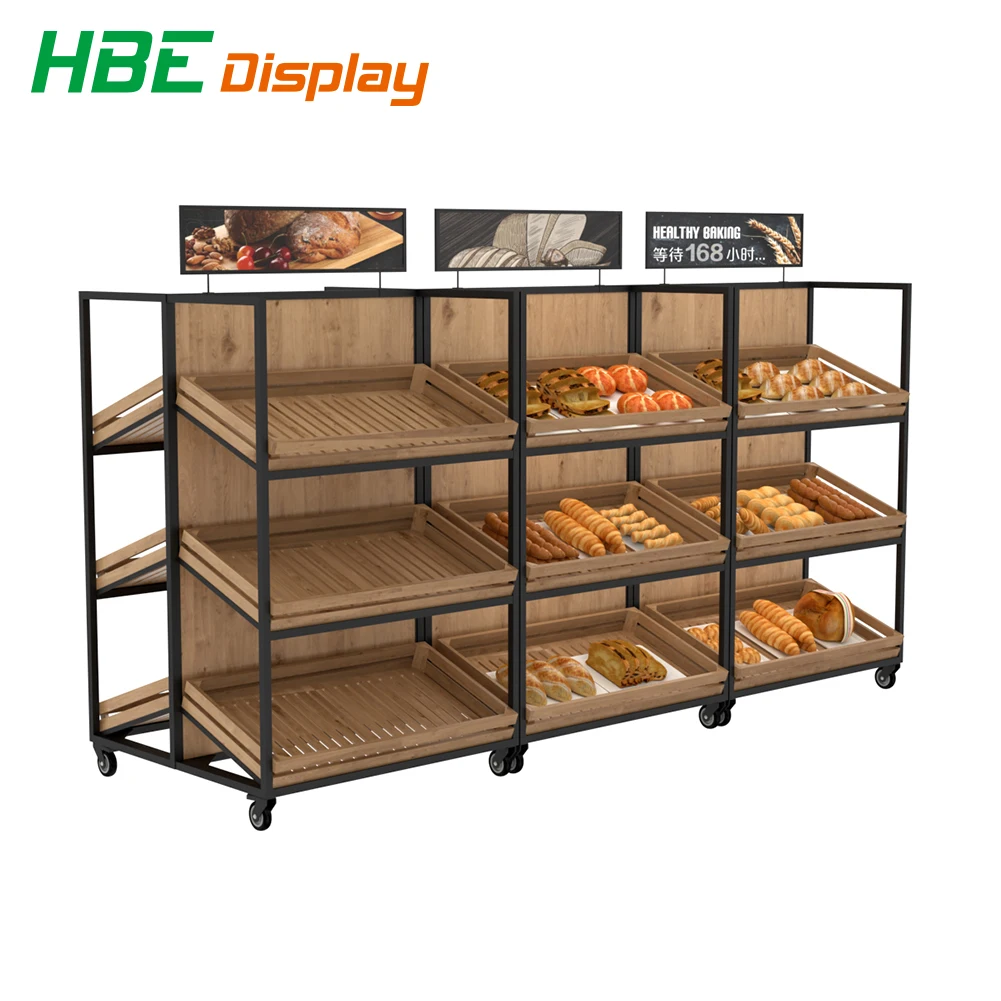 Bread Display Showcase Bakery Store Fixture Bread Display Rack Popular Wooden Bread Display Shelf