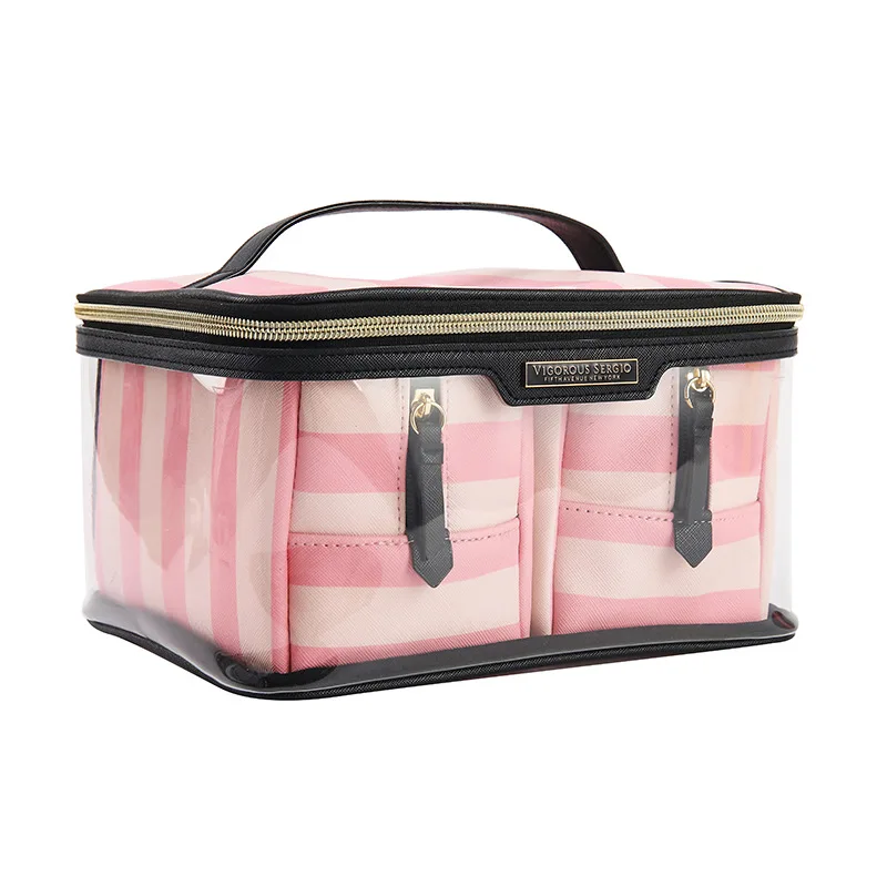New Travel Fashion Simple Cute Stripe PU Style Transparent PVC Wash Organizer Makeup Cosmetic Bag Set With Large Capacity