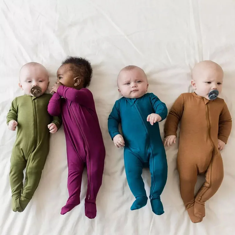 2023 Spring Autumn Bamboo Fabric Zipper Pajamas Baby Clothes Footed Romper Bamboo Onesie Blank Color