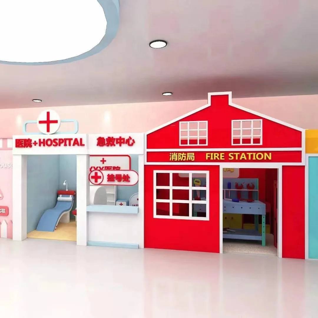Customized Design Service Kids Indoor Street Town Playground Hospital Fire Station Role Playhouse for Kids Party