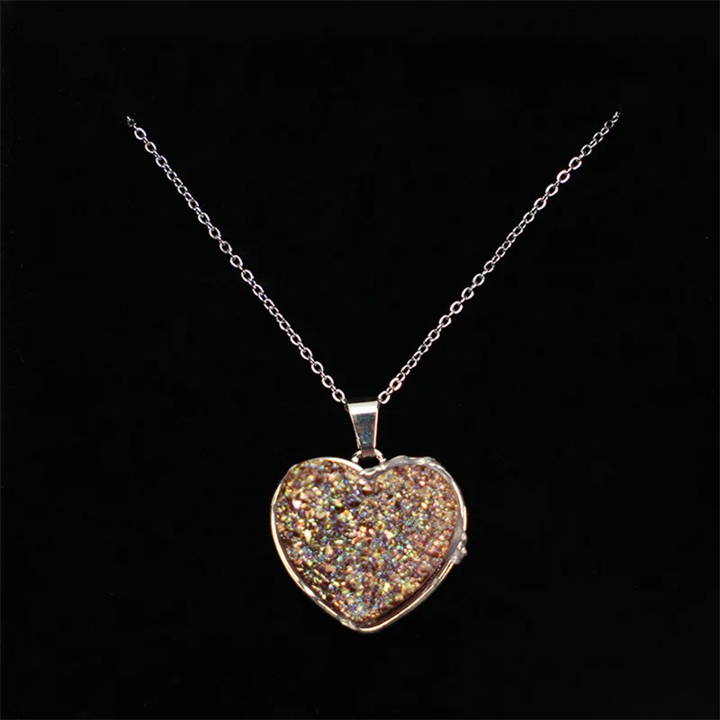 Natural Crystal Stone Druzy Heart Moon Star Shape Pendant Necklace With Stainless Steel Chain Gemstone Jewelry For Women Gifts
