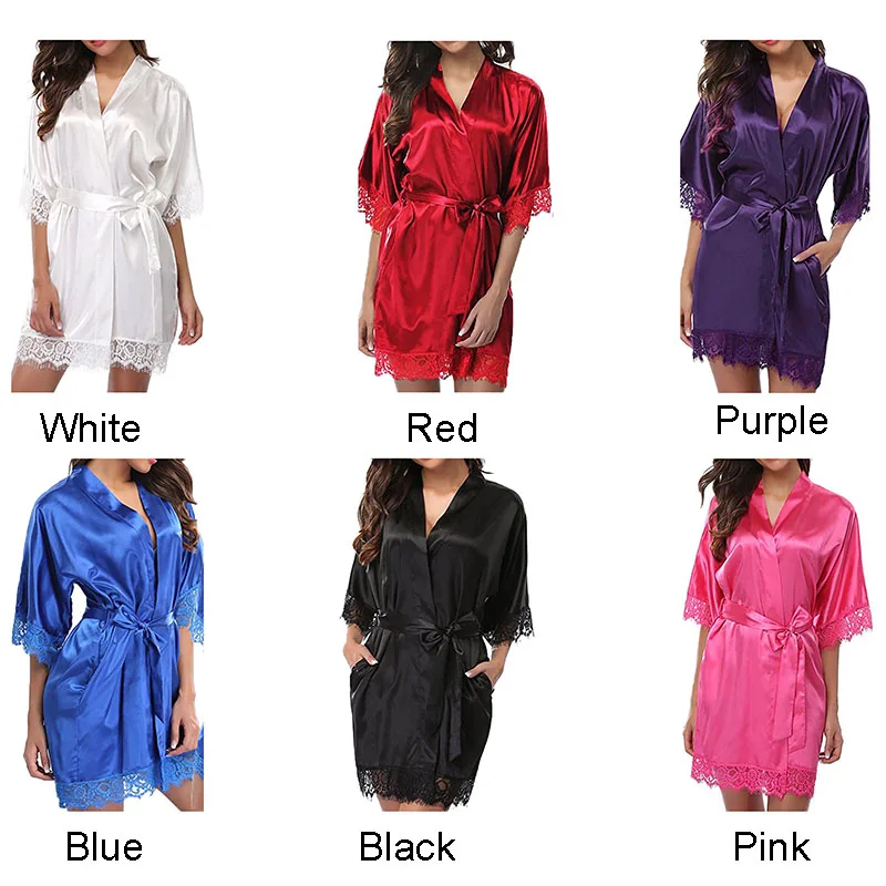 Custom Logo Plus Size 2XL Nightgown Solid Silk Satin Bridal Robes With Belt Thong Lace Robe