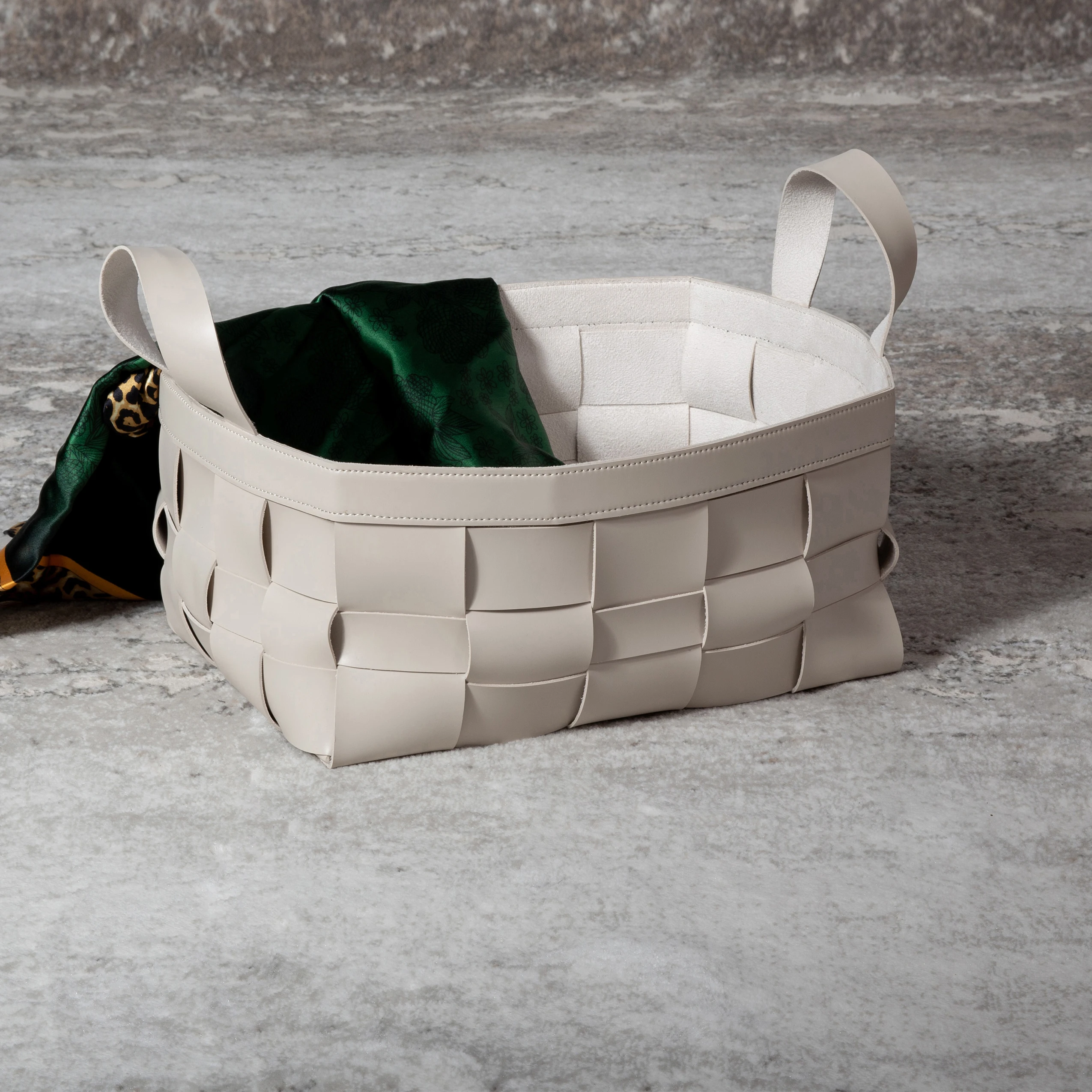 Customize your desired storage decoration milky white leather woven basket decor clothes hamper woven toys gift basket