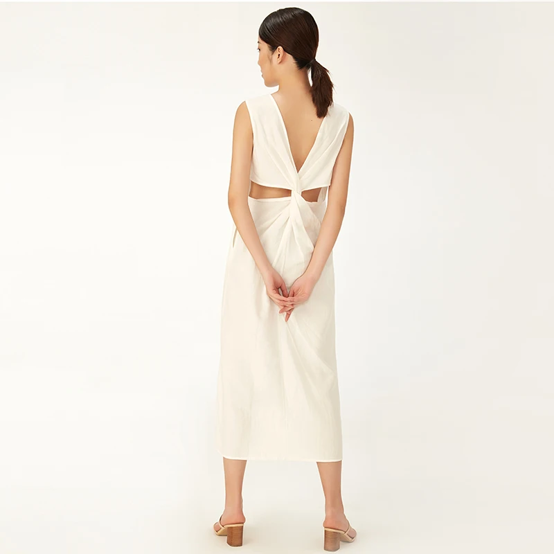 Cotton linen backless blancos vestidos solid color sleeveless casual dresses summer beach white maxi dress for women