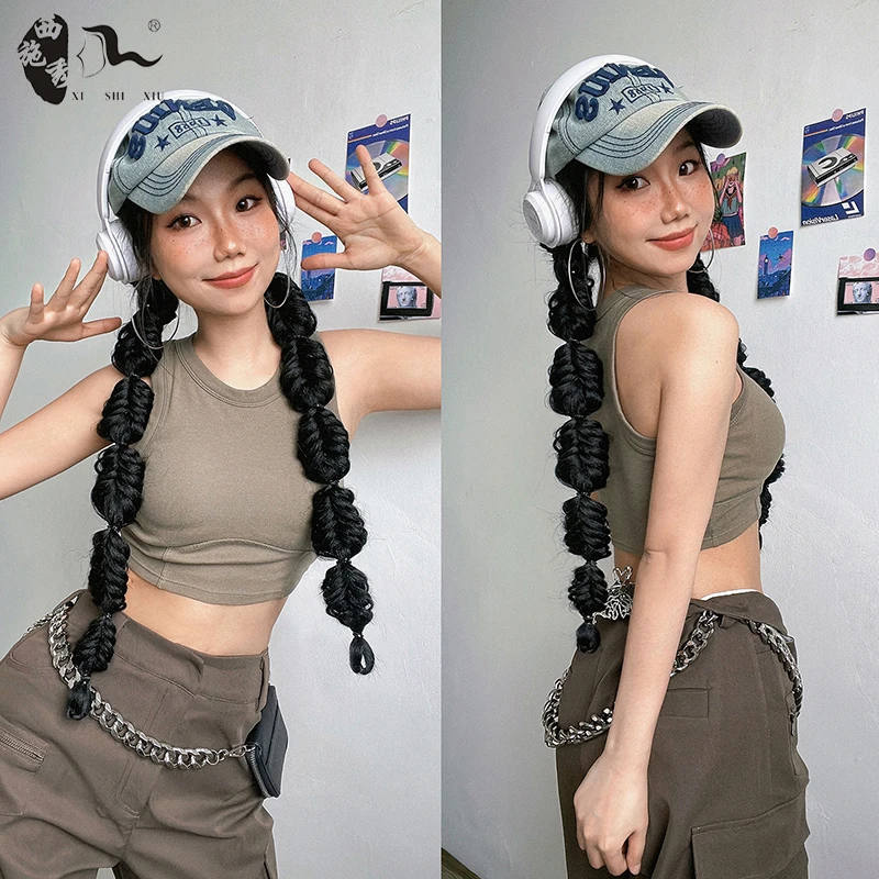 Synthetic Ponytail 60cm-100cm Braided Bride Oblique Fringe Bangs Hair Extensions Braided Ponytail Black Hairpieces XISHIXIUHAIR