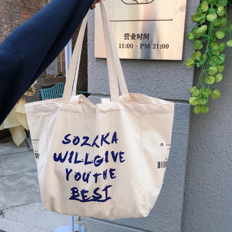 Custom Logo Thick Cotton Canvas Chic School Women Lady Handbag Eco Friendly Shopping Cotton Tote Bag  10oz Shopping Bags