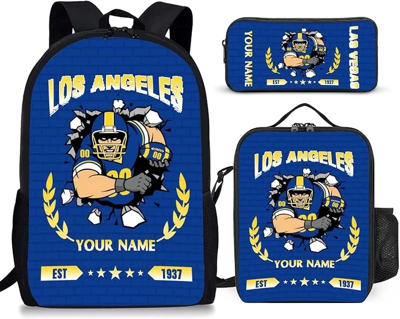 Custom Backpack 3 Piece Set With Name And Number Laptop Bag Lunch Box Pencil Case N-F-L Football Fans Sports Backpack