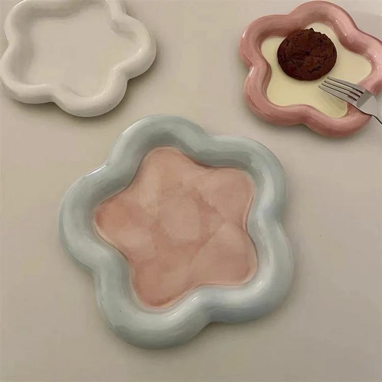 K&B Cute Under-glaze Ceramic Dishes Plates Color Hand-painted Irregular Dessert Snack Bread Breakfast Plate