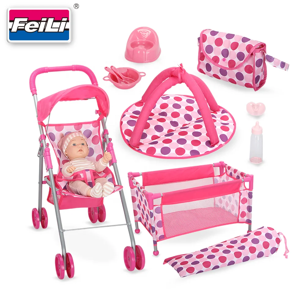 Dollri Starri Hot Sale On Line 12 Pieces Baby Doll Furniture Set For Dolls 12-14' Doll Pack N Play Pink Set with Accessories