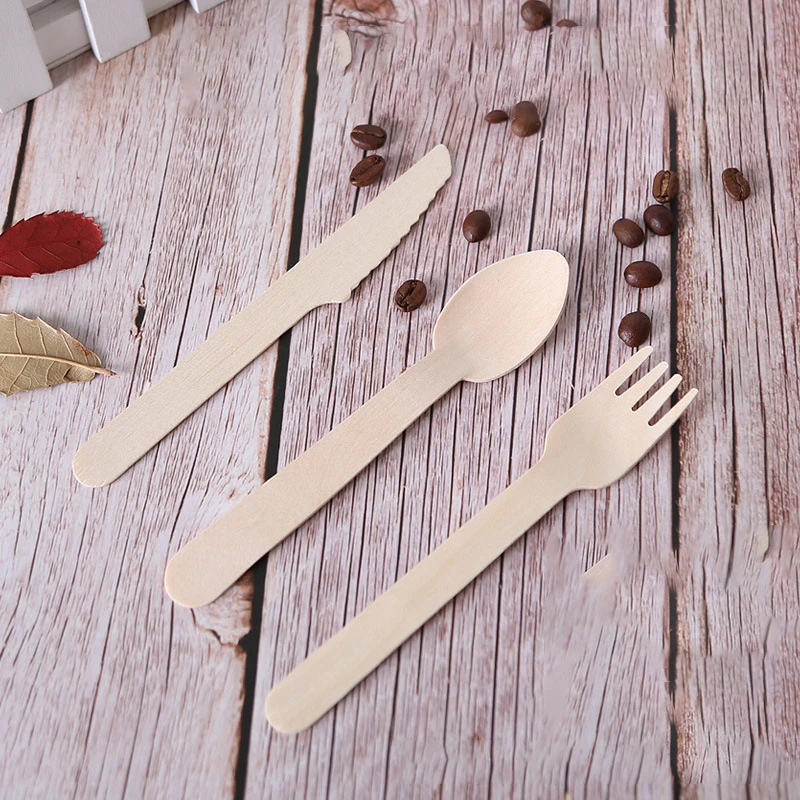 Eco Friendly Disposable Tableware Degradable Disposable Tableware Western Food Wooden Spoon Knife And Fork