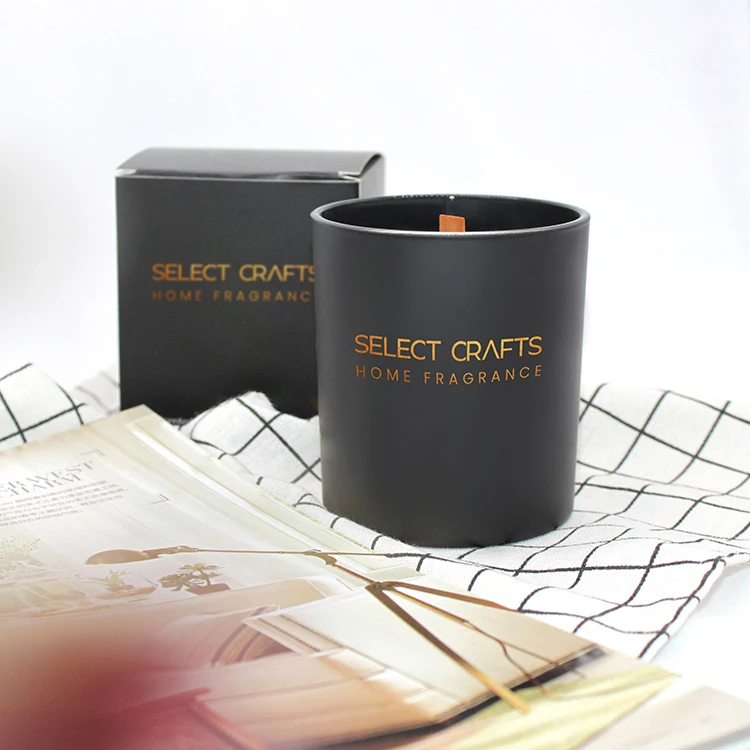 Wholesale Custom Wood Wick Logo Printed Matt Black Glass Scented Candle