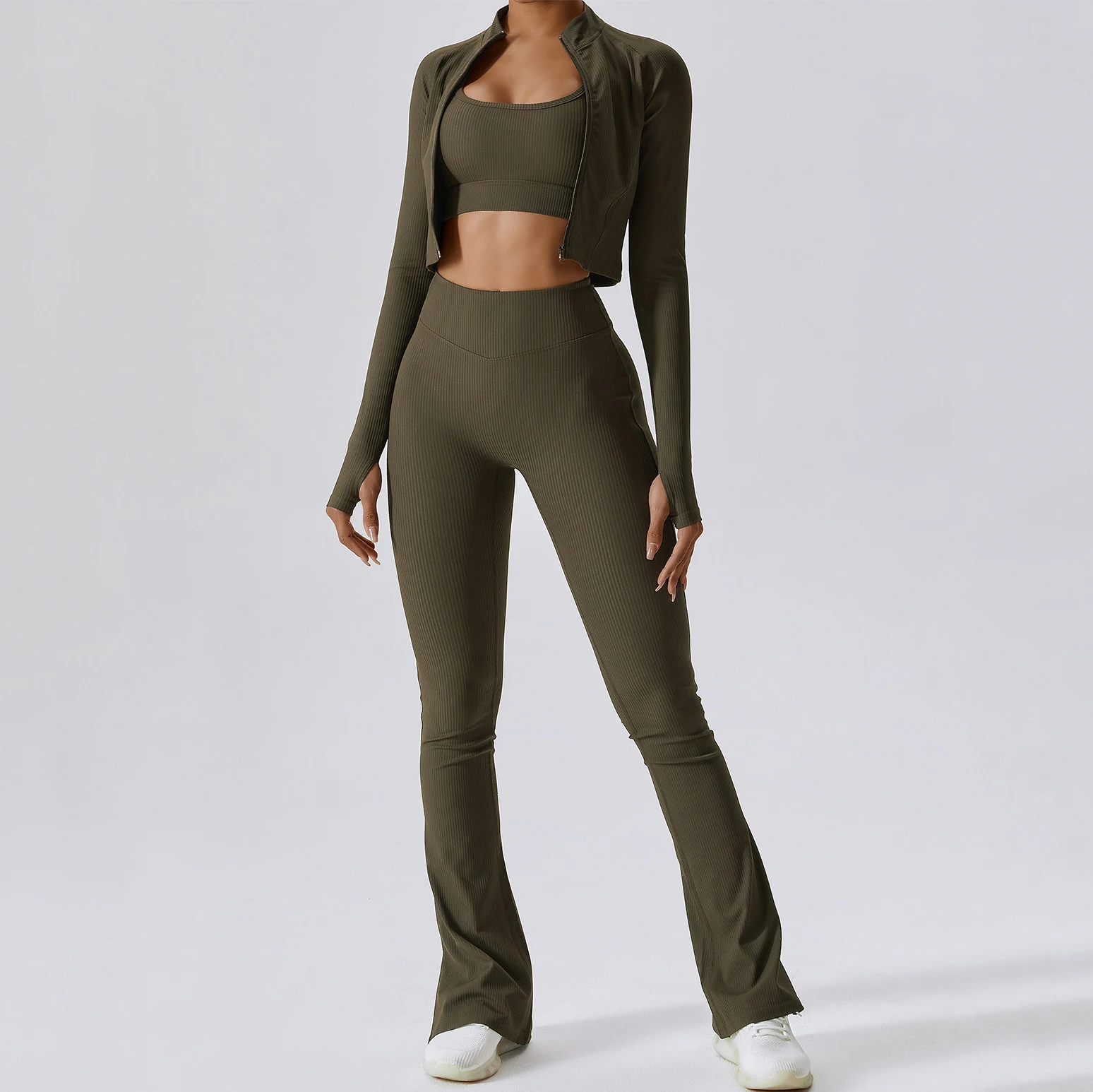 Custom Women Soft Comfort Quick Dry Ribbed V Cut Flare Pants and Jacket  Sports Bra Tops Set