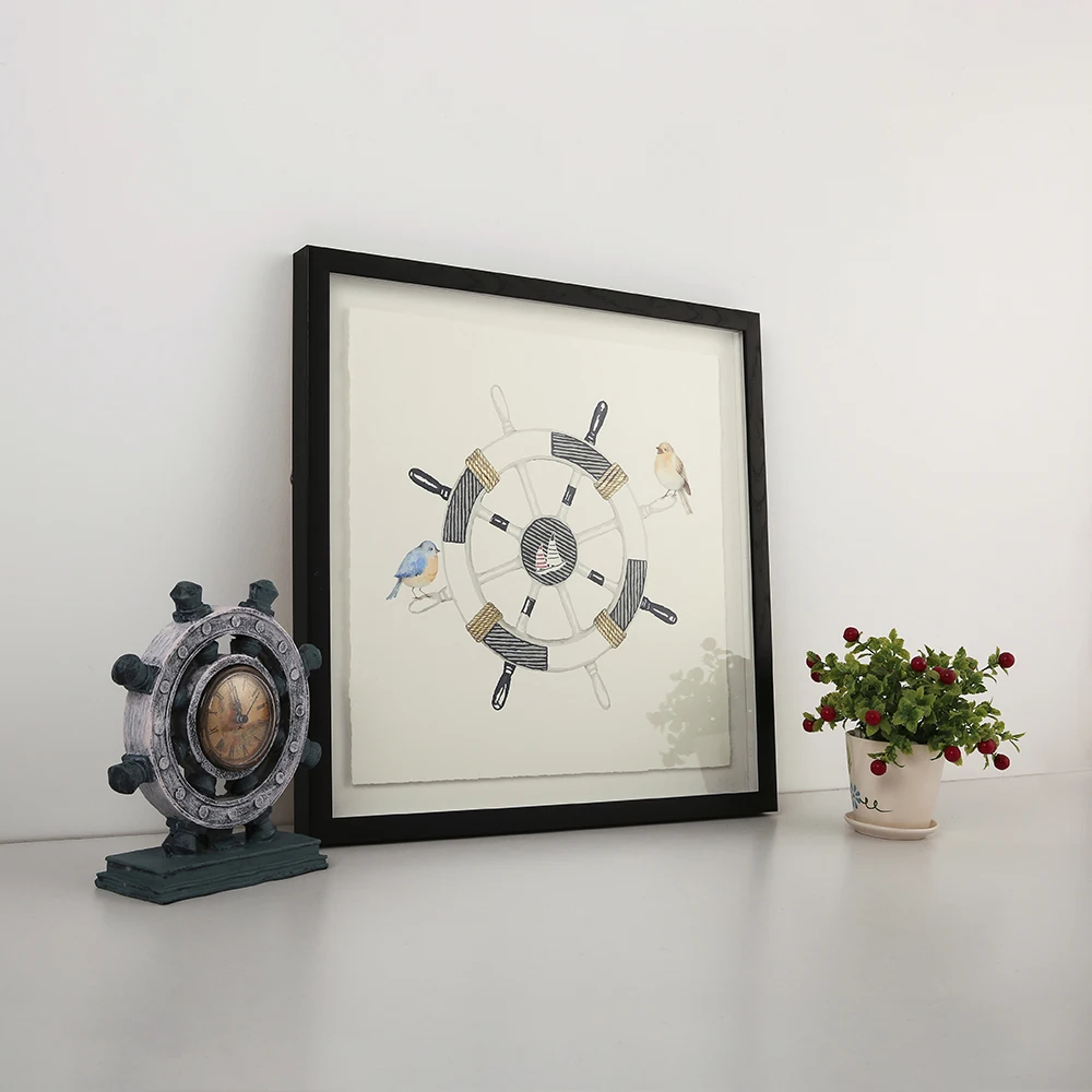 Gold foil boat helm wheel picture black and white wall art abstract prints on floating paper wall frame decor