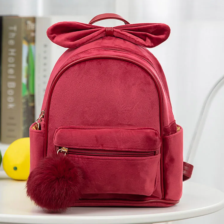 Pure Color Girl Rabbit Ears Backpack New Fashion Velvet Short Plush Backpack