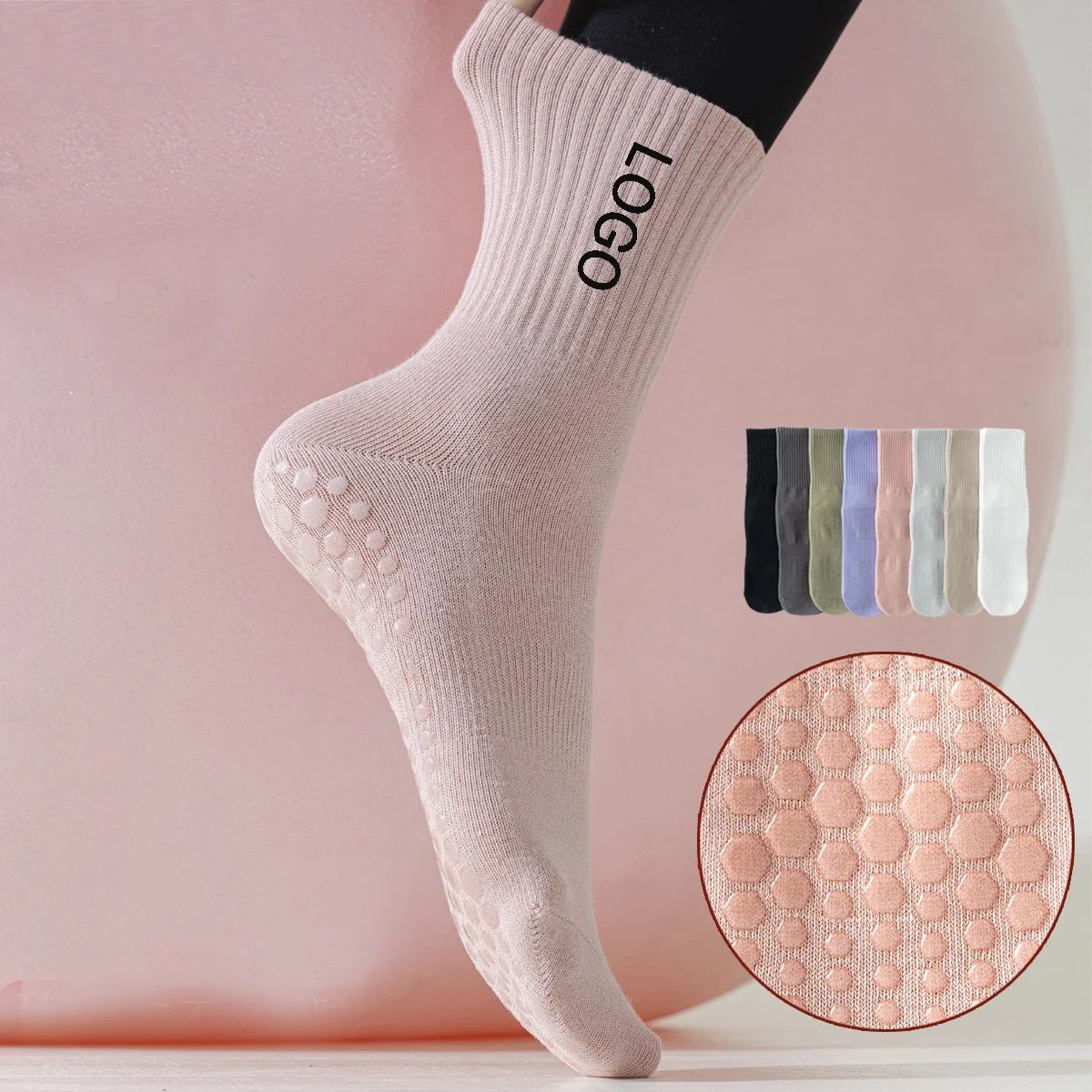 Anti-Slip Custom Design Embroidered Women Grip Sock Cotton Custom Logo Fitness Yoga Pilates Socks