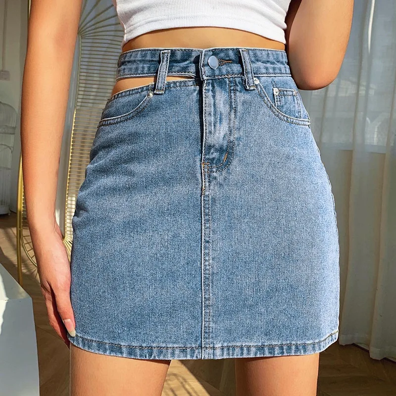 SK2010 Amazon Top Sellers Washed Hollow Out Slim Blue Jeans Skirt Women Mini Skirts
