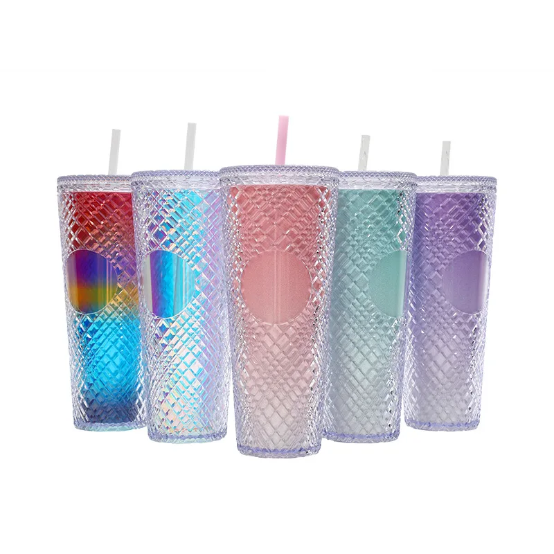 Hot Selling Double-Deck Straw Plastic Cup Universal Portable Irregular Gem Straw Cup