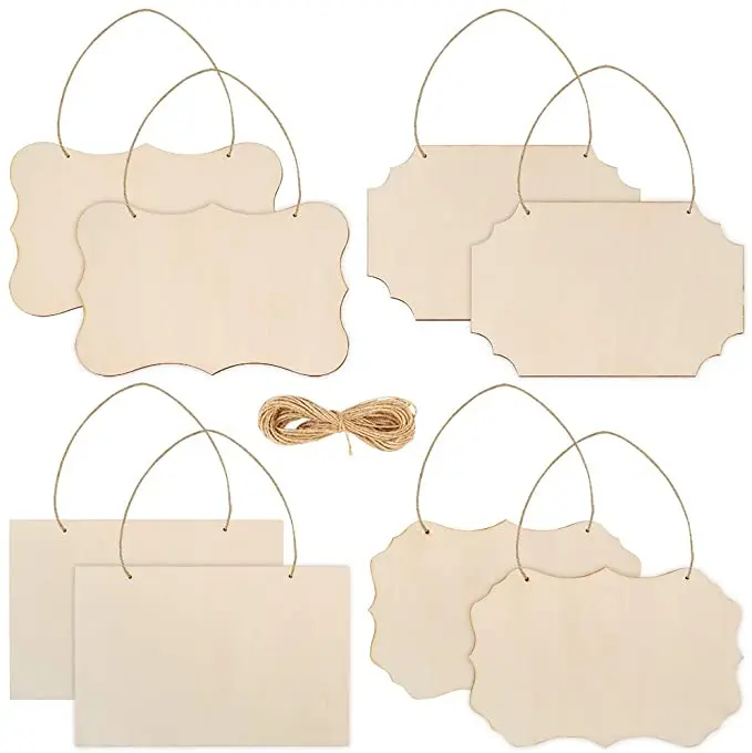 DIY Craft Unfinished Wood 9 x 6 Inch Christmas Halloween Rectangle wooden plaque blank Hanging Sign with Jute Rope