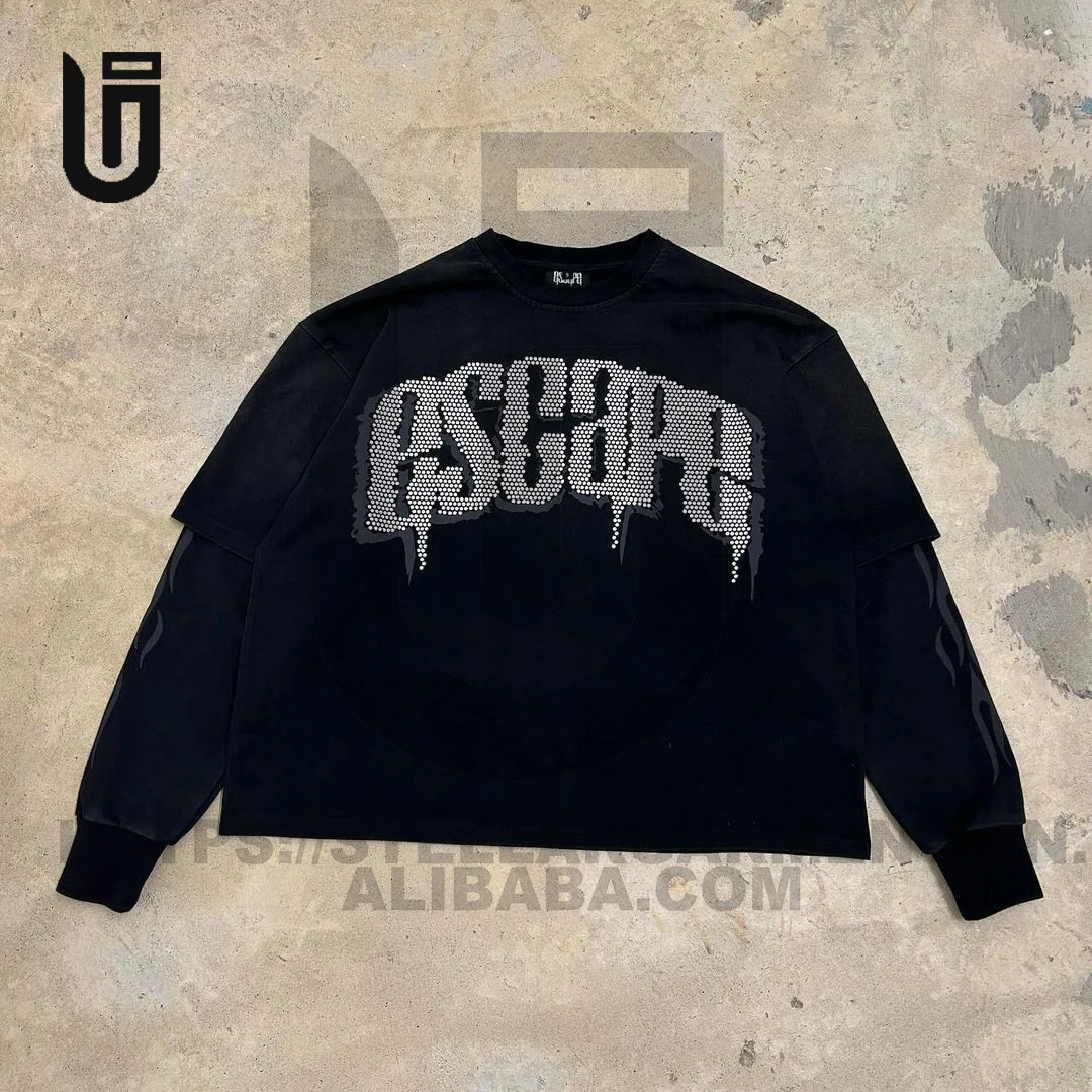 Custom Mens Embroidered Rhinestone Double Layered Long Sleeve T Shirt Cotton Vintage Boxy Cropped Distressed Oversized T Shirt