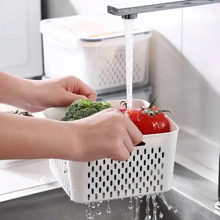 RU Household Refrigerator Fresh-keeping Box Kitchen Drain Basket With Cover Washing Fruit Vegetable Basket Plastic Storage Box