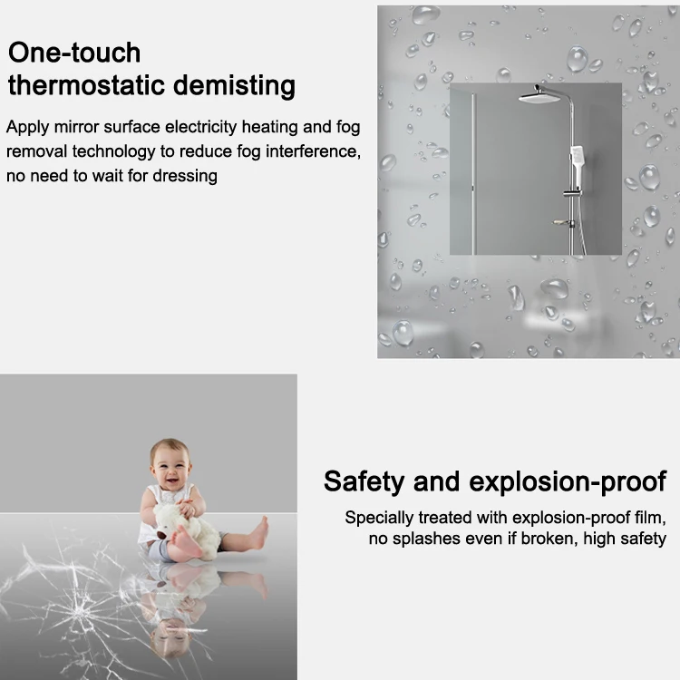 New arrival wall hang square intelligent multifunction touch switch LED smart mirror bedroom bathroom mirror for hotel