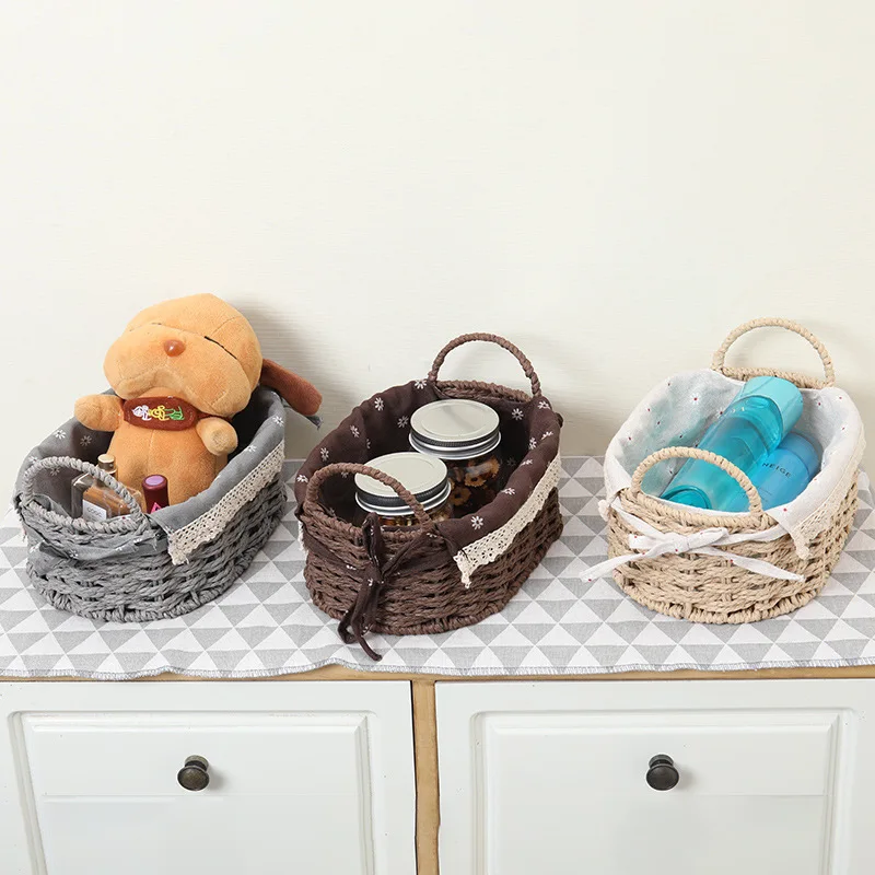 Tabletop Handmade Paper Rope Storage Basket Woven Makeup Basket Kids Toy Storage Organizer Basket