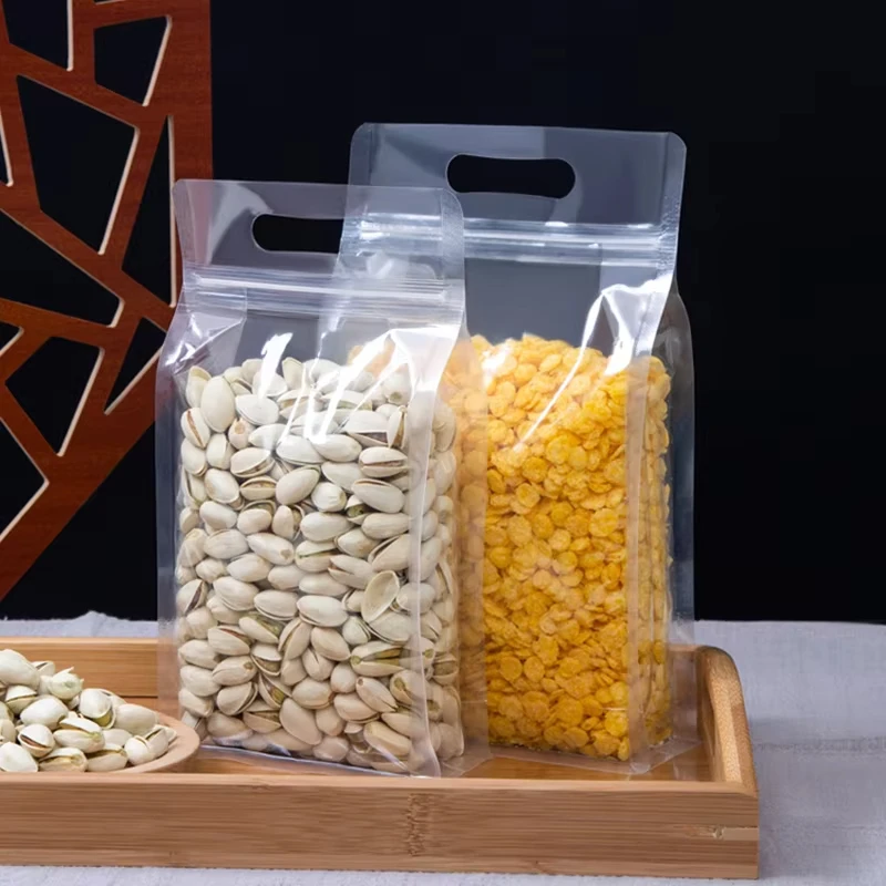 Transparent Plastic Food Packaging Ziplock Bag Handle Portable Sealed Storage Candy Grains Tea Nut Dried Fruit Logo