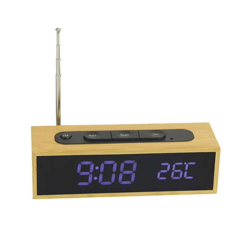 EMAF 2021 Portable small natural bamboo case acrylic screen LED display FM table alarm clock with fm radio