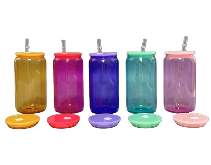 550ml Candy Colored Glass Mugs with Colored Plastic Lids and Straw - Clear Jelly Beer Glass Can