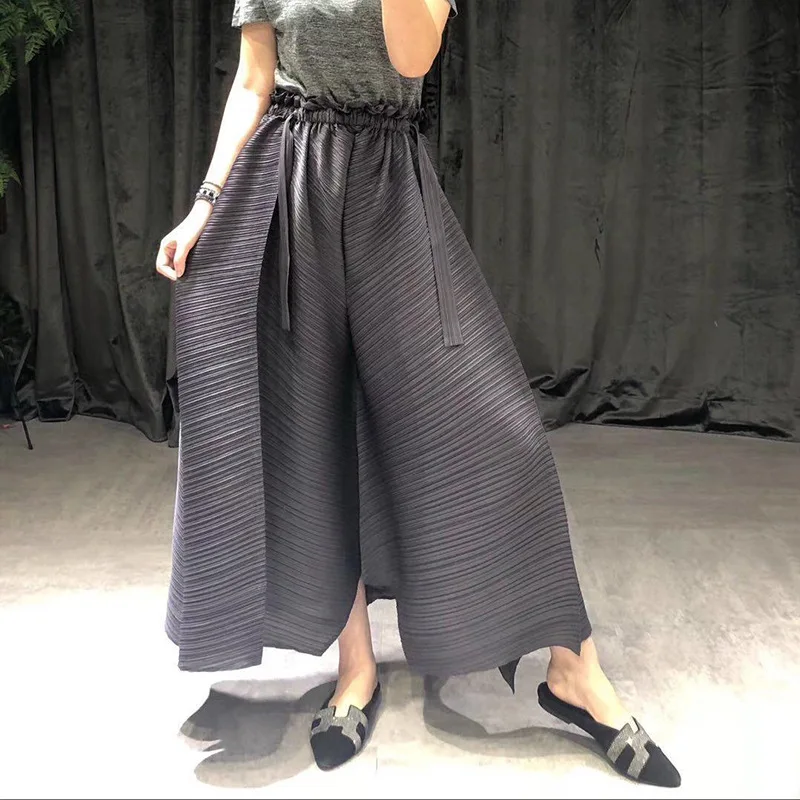 Plesfold Straight Pants Big Size Loose Waist Show Thin Pressed Pleated Wide-legged Trouser Woman