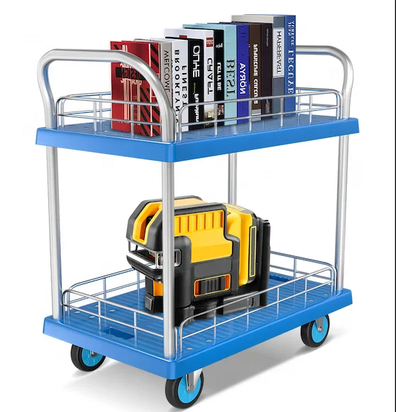 Double Deck Handcart 2 Tier Hand Truck Tool Cart Heavy Duty Two Shelf Cargo Trolley Plastic Platform Trolley with Fence