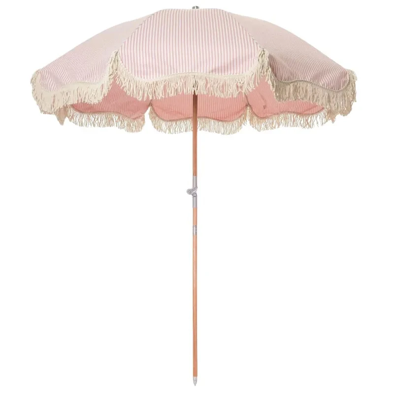 Premium Outdoor Beach Umbrella Set with Fringed Wooden Parasol, Comfy Chairs & Canvas Terry Tote Bags