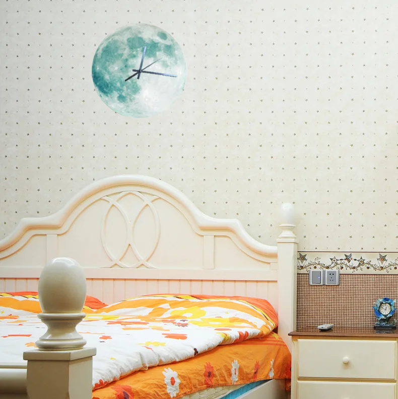 Wall Clock Mute Children Room Luminous Moon Sticker  Fluorescent Kids Clocks  Home Decor Wall Watch For Childrens Christmas Gift