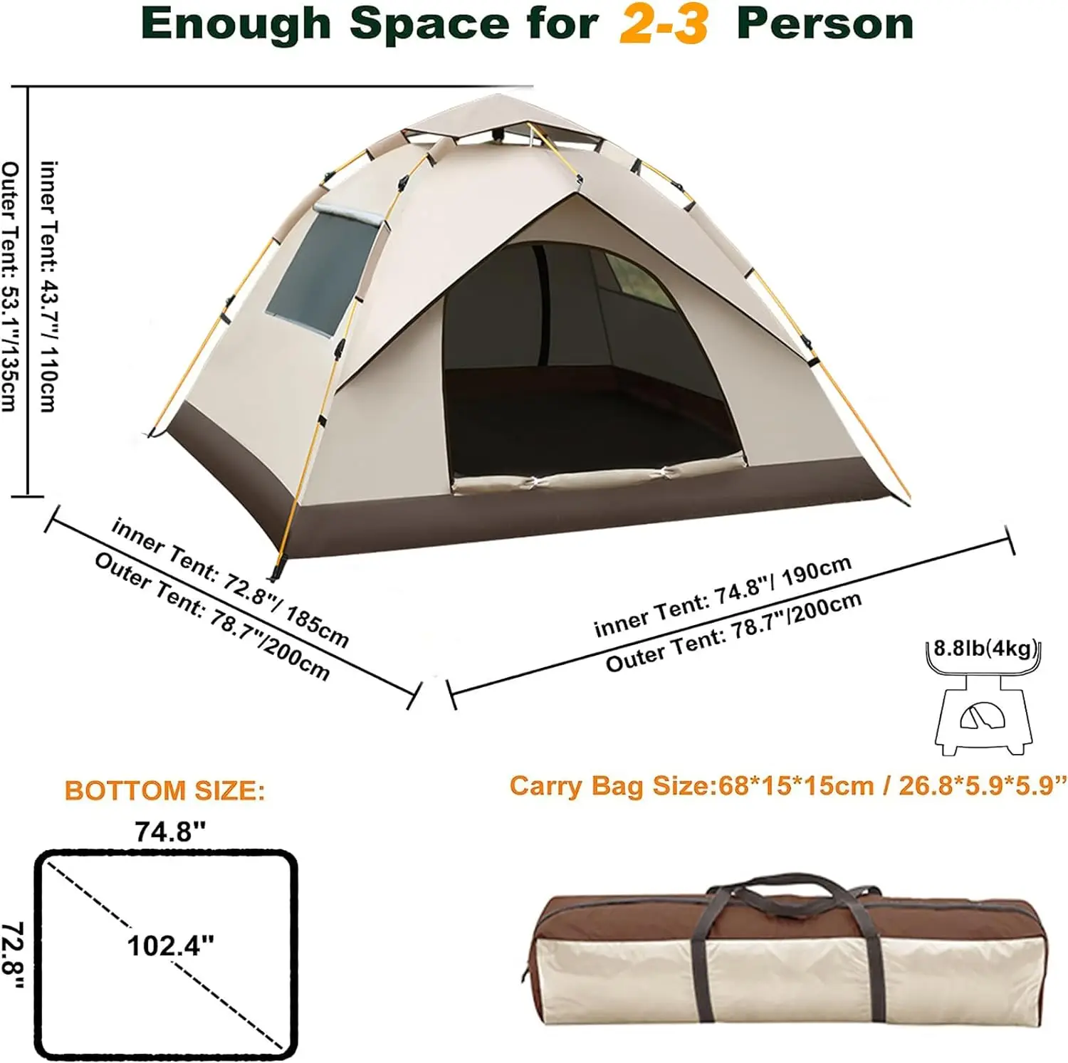 2-3 Person Camping Waterproof Family Tent Instant Easy Up Double Layer Anti-UV 2 Windows