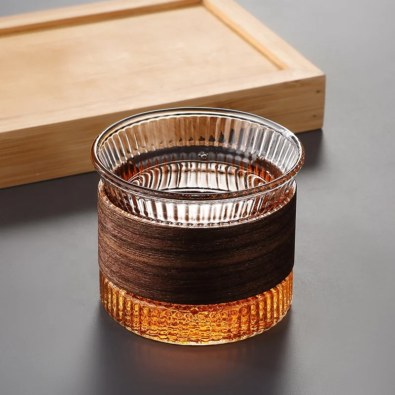 New Design 150ML Stripe Clear Glass Coffee Cup Wide Mouth Ribbed Small Hammer Borosilicate Glass Tea Cups With Wood Sleeve